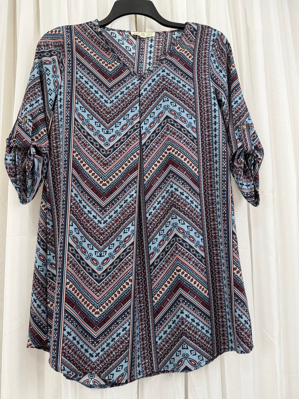 Pink Rose Boho Tribal Print Tunic Blouse Women’s Medium Roll Tab Sleeve